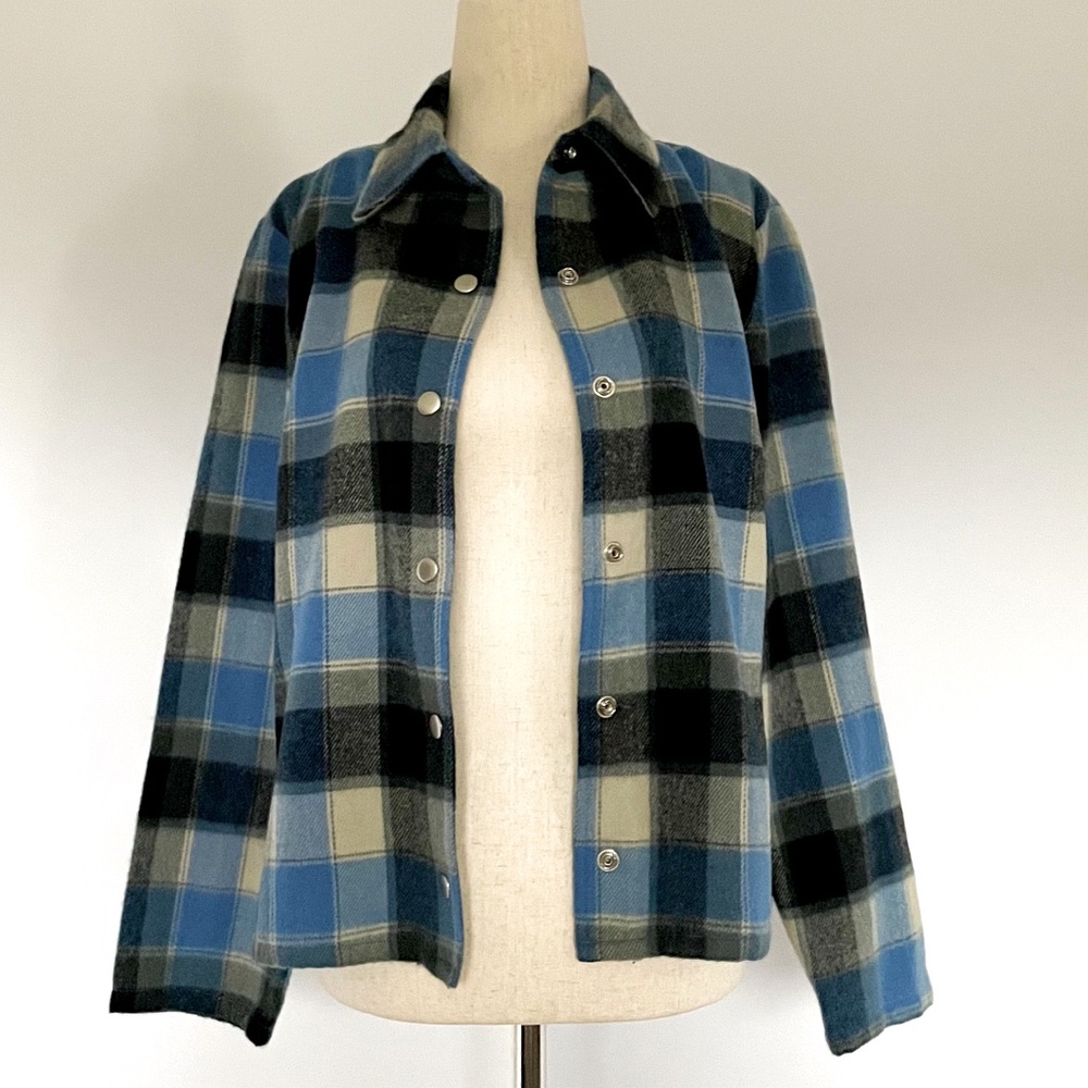 014 Lemon Grass Petite Wool Blend Plaid Oversized Flannel Shirt Shacket